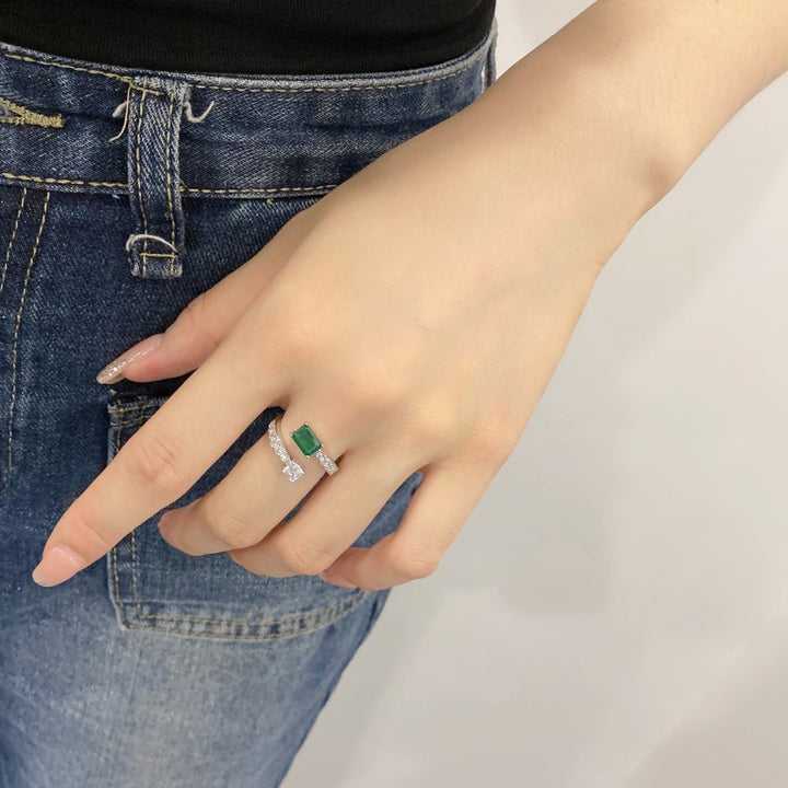 「Dual Stone Glow」Emerald & Asscher Cut Bypass Open Ring