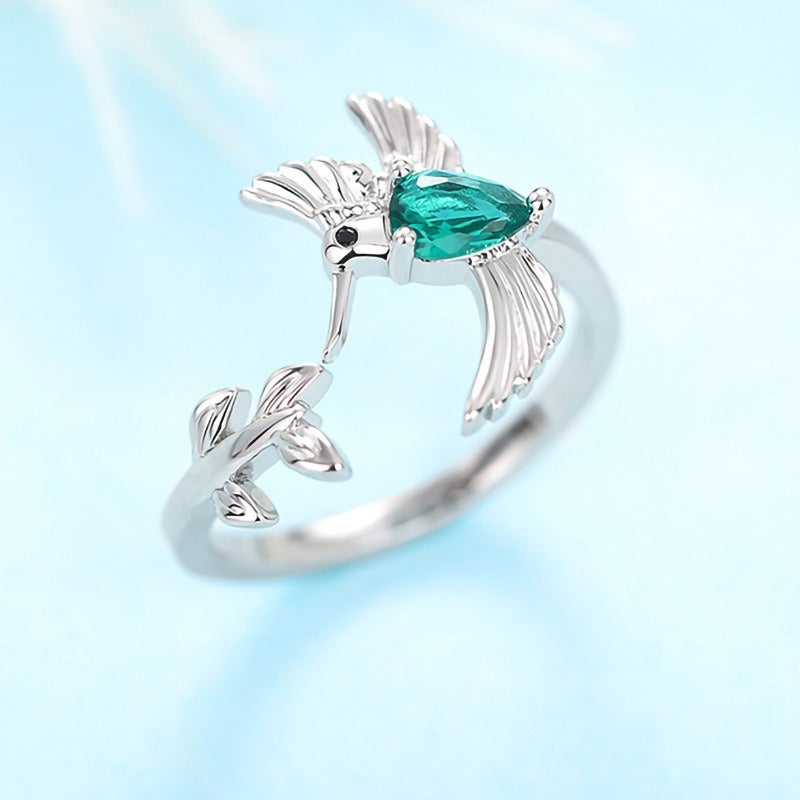 Sterling Silver Emerald Hummingbird Adjustable Ring
