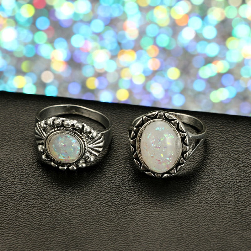 S925 Sterling Silver 7Pcs Vintage Carved Opal Ring Set