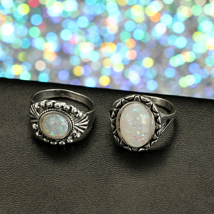 S925 Sterling Silver 7Pcs Vintage Carved Opal Ring Set