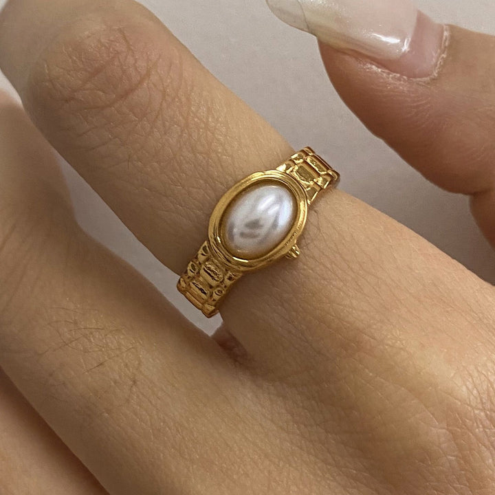 14K Gold Plated Vintage Watch Band Pearl Ring