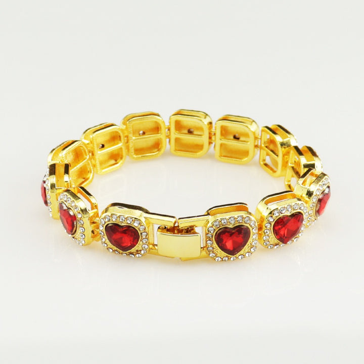 14K Gold / Silver Red Heart Halo Tennis Bracelet