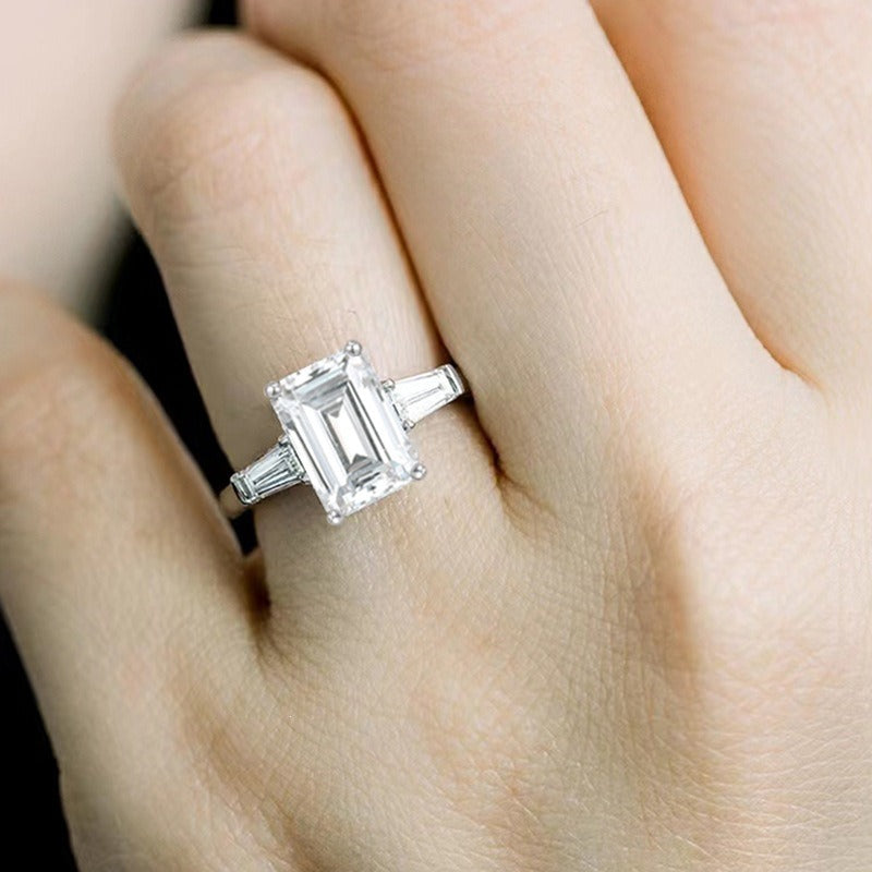 S925 Sterling Silver Emerald Cut Three-Stone Moissanite Ring