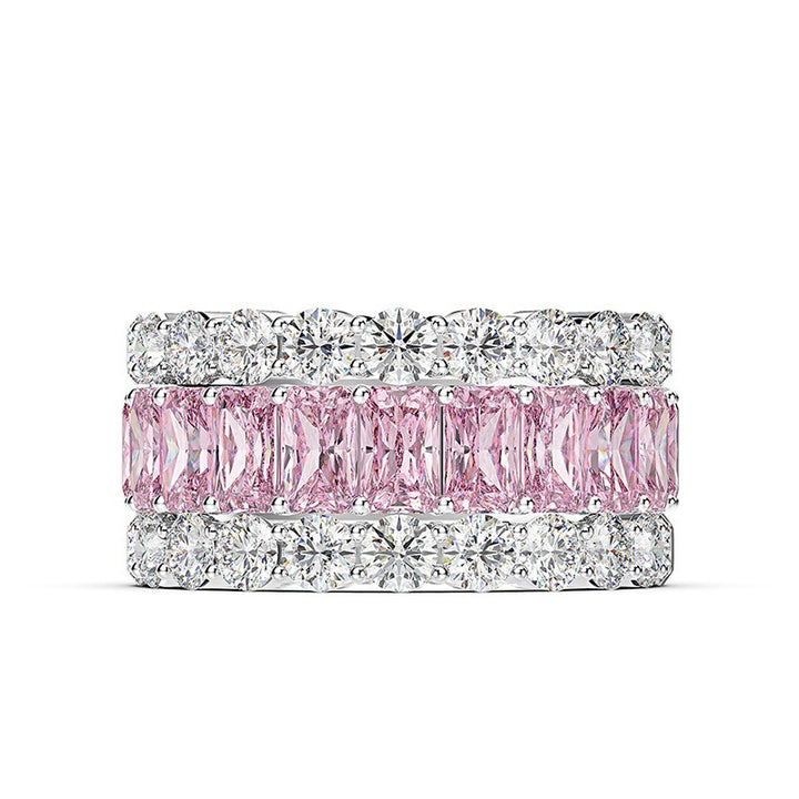 S925 Sterling Silver Triple-Layer Geometric Pavé Wide Band Ring