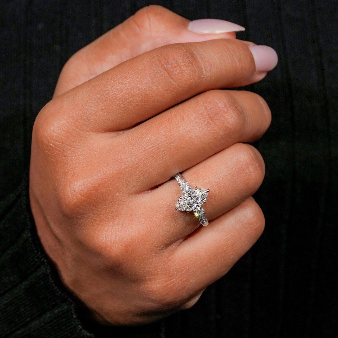 S925 Sterling Silver Marquise-Cut Three-Stone Pavé Ring