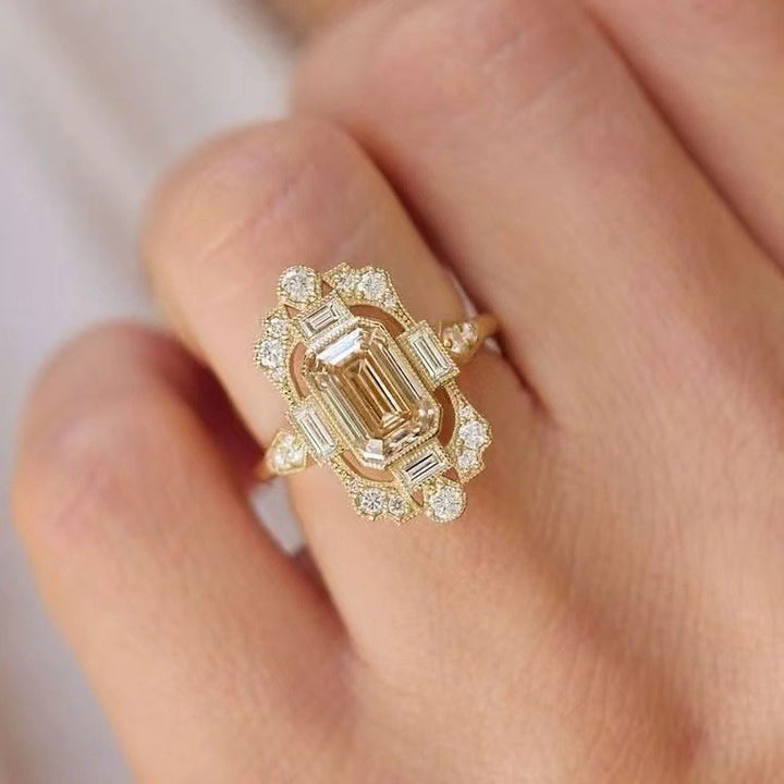 Vintage Art Deco · 14K Gold Plated Emerald-Cut Halo Ring