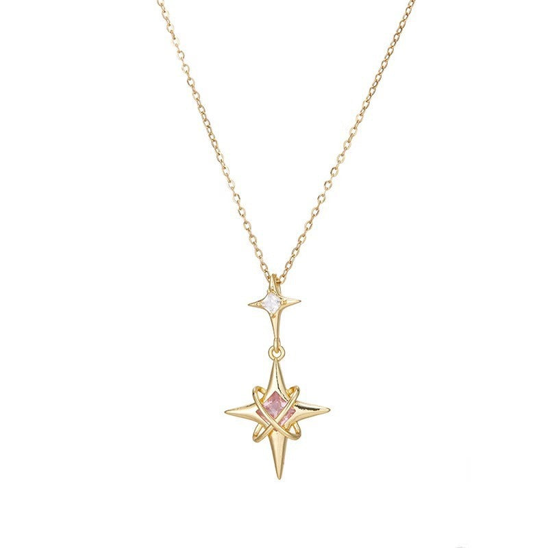 S925 Sterling Silver Double Star Pink Crystal Necklace