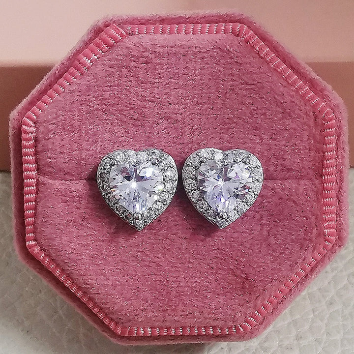 18K Gold & Silver Heart Halo CZ Stud Earrings
