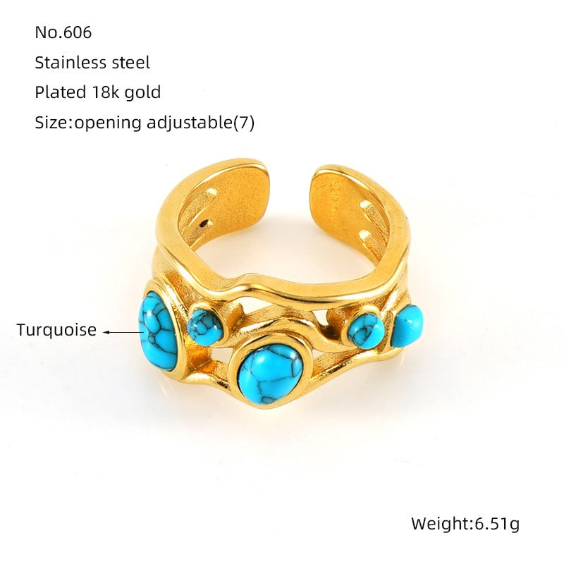 18K Gold Vintage Boho Natural Stone Open Ring