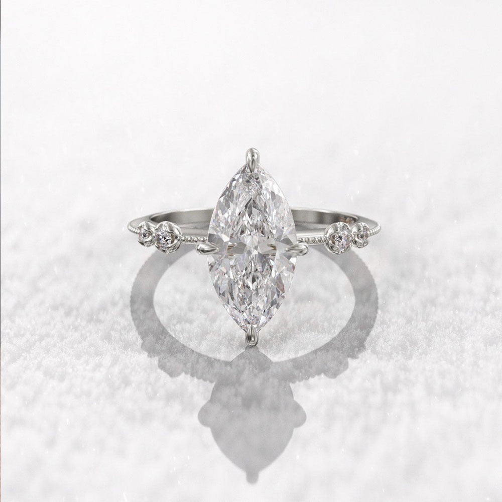 S925 Silver Marquise Cut Ring | Vintage Milgrain Accent Band