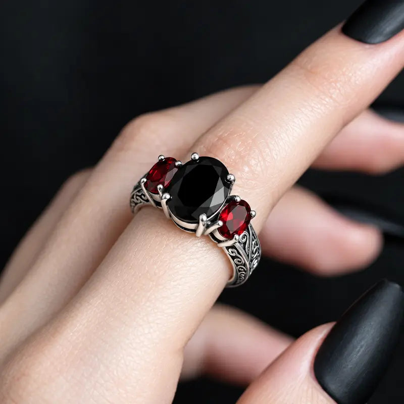 S925 Silver Black Obsidian & Garnet Talisman Ring