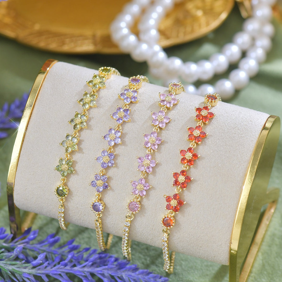 18K Gold Five-Petal Floral Tennis Bracelet