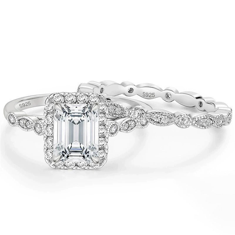 「Vintage Emerald Cut」18K Gold/Platinum Stackable Bridal Ring Set