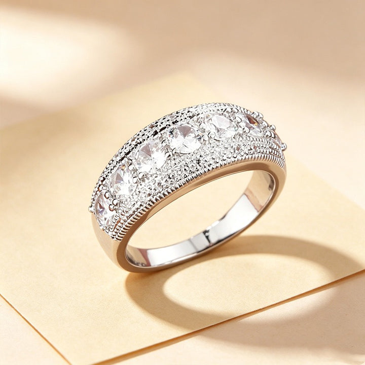 S925 Sterling Silver Vintage Milgrain Seven-Stone Wide Band Ring
