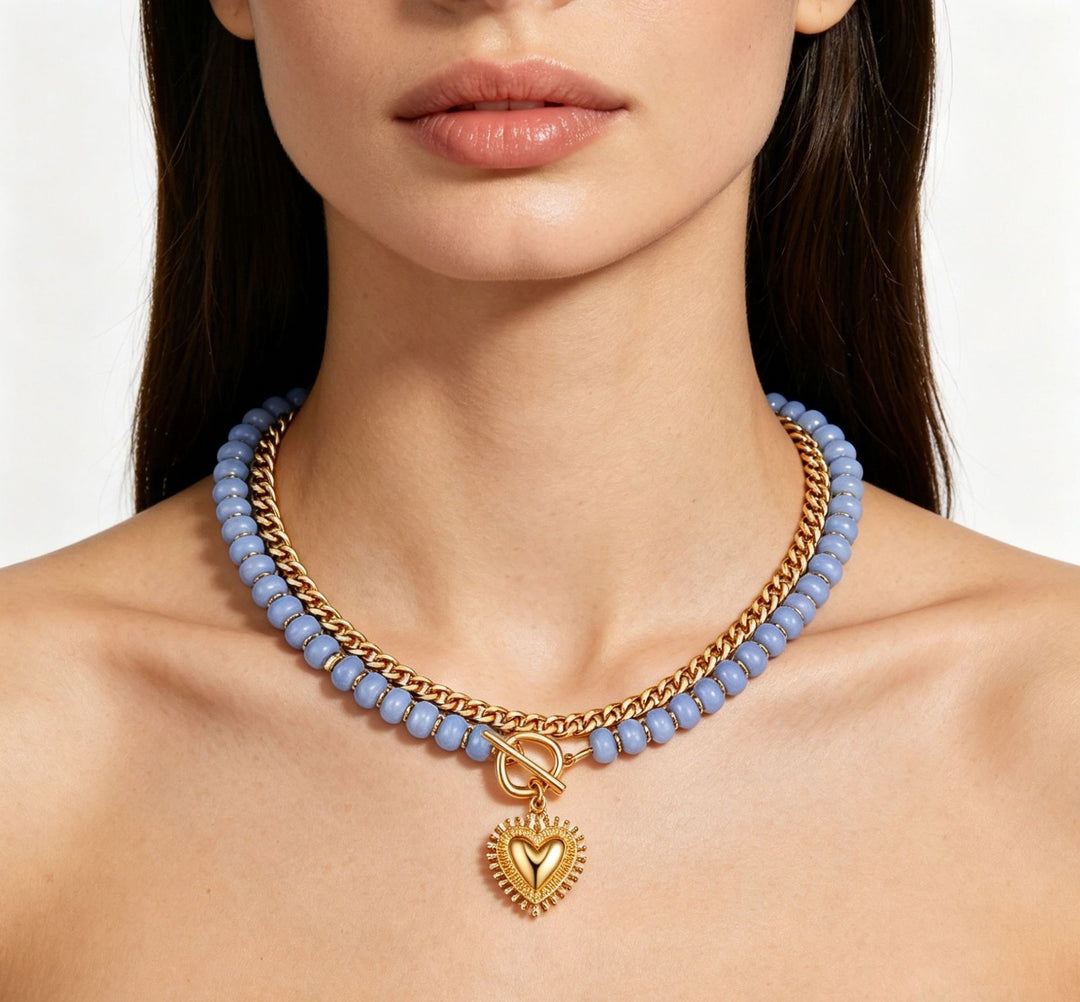 18K Gold Plated Double Layer Beaded Heart Necklace
