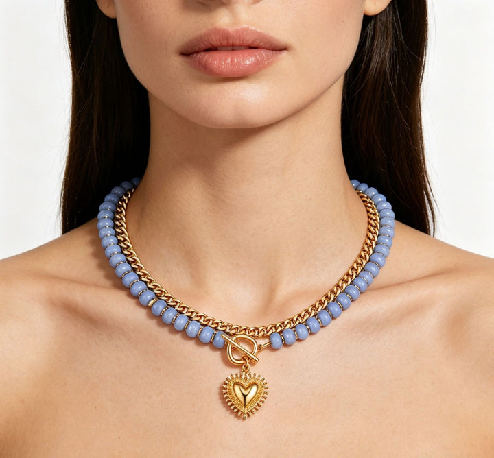 18K Gold Plated Double Layer Beaded Heart Necklace