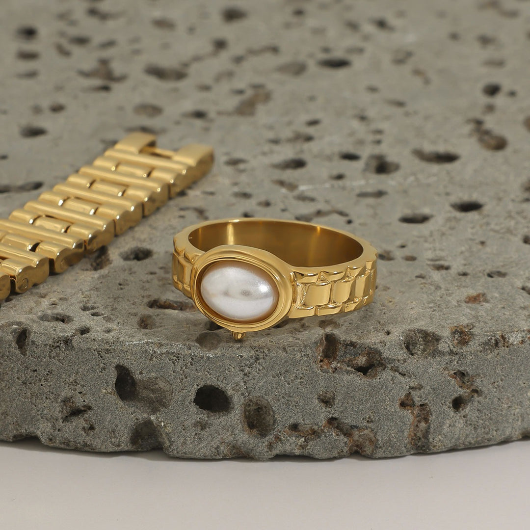 14K Gold Plated Vintage Watch Band Pearl Ring