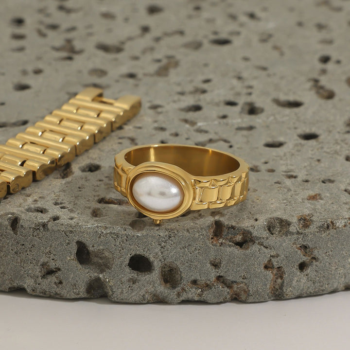 14K Gold Plated Vintage Watch Band Pearl Ring