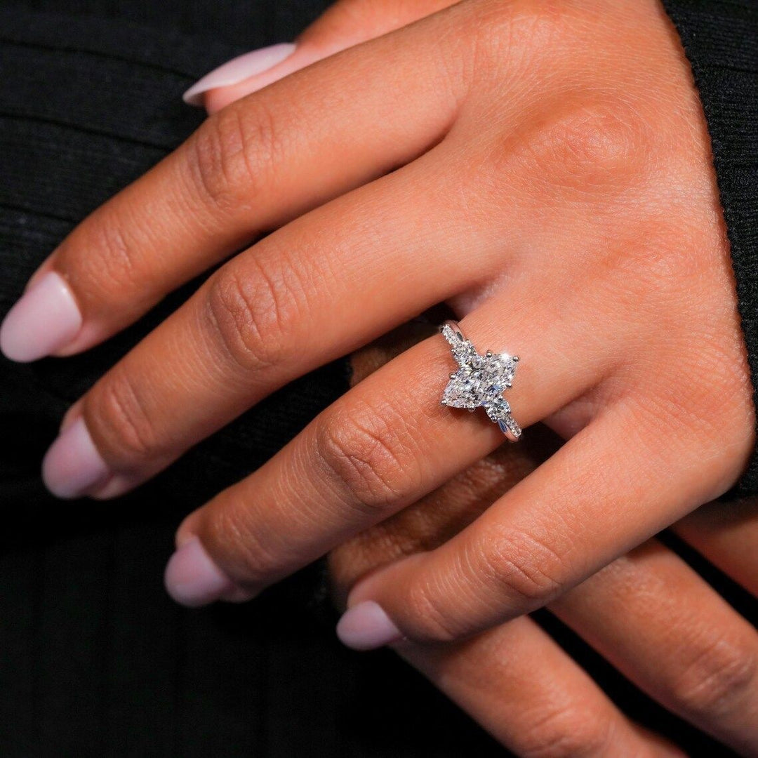 S925 Sterling Silver Marquise-Cut Three-Stone Pavé Ring