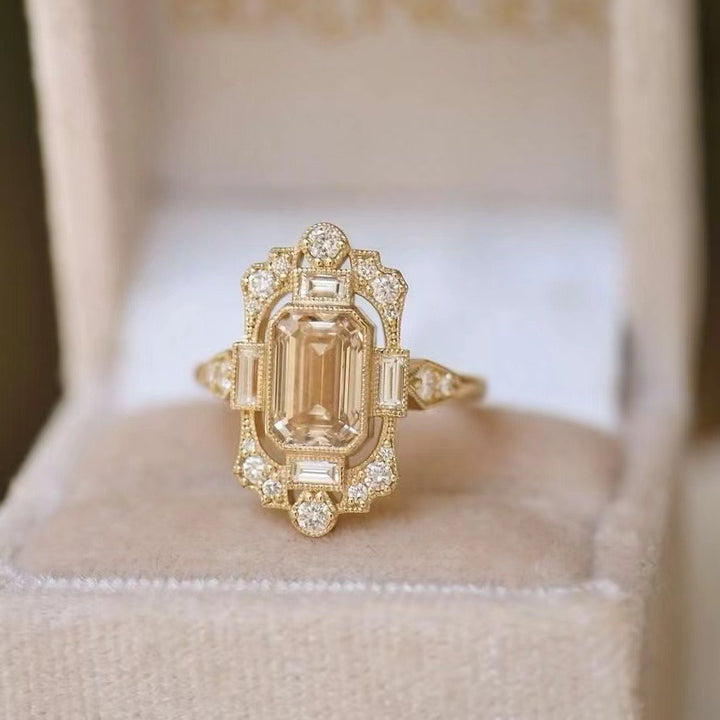 Vintage Art Deco · 14K Gold Plated Emerald-Cut Halo Ring