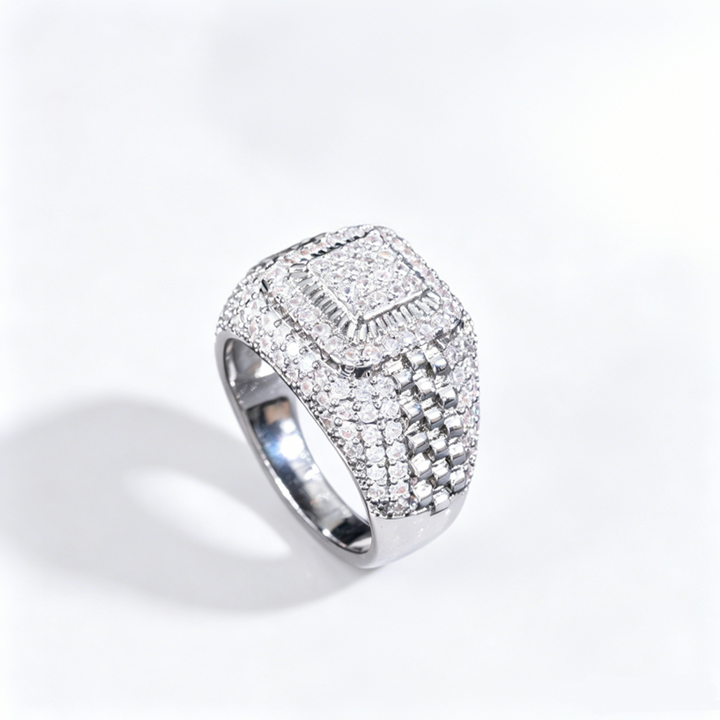 「Iced Square Signet」360° Full Pave Hip-Hop Ring