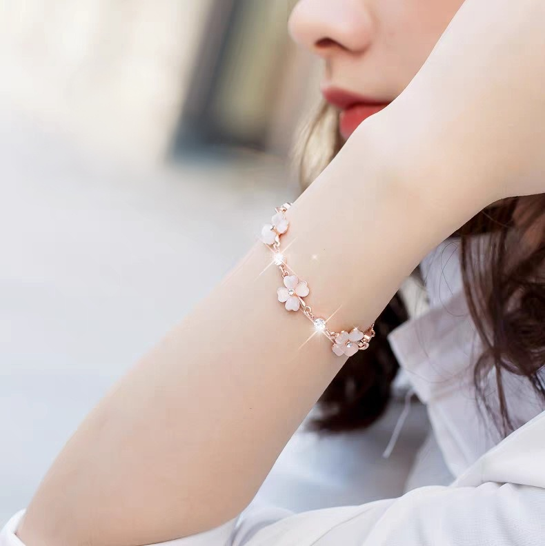 18K Rose Gold Plated Pink Enamel Four Leaf Clover Bracelet