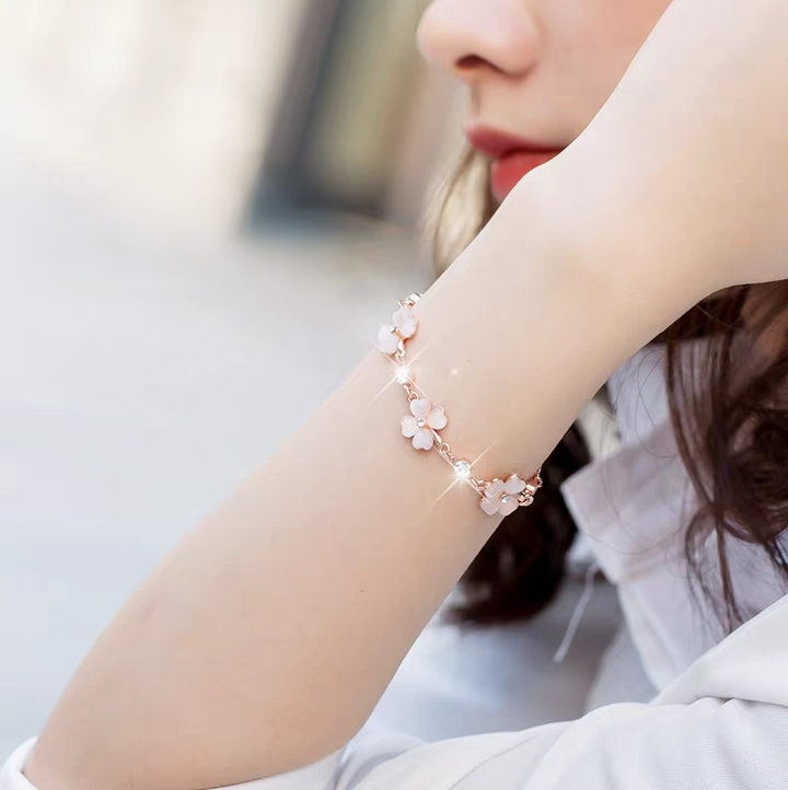 18K Rose Gold Plated Pink Enamel Four Leaf Clover Bracelet