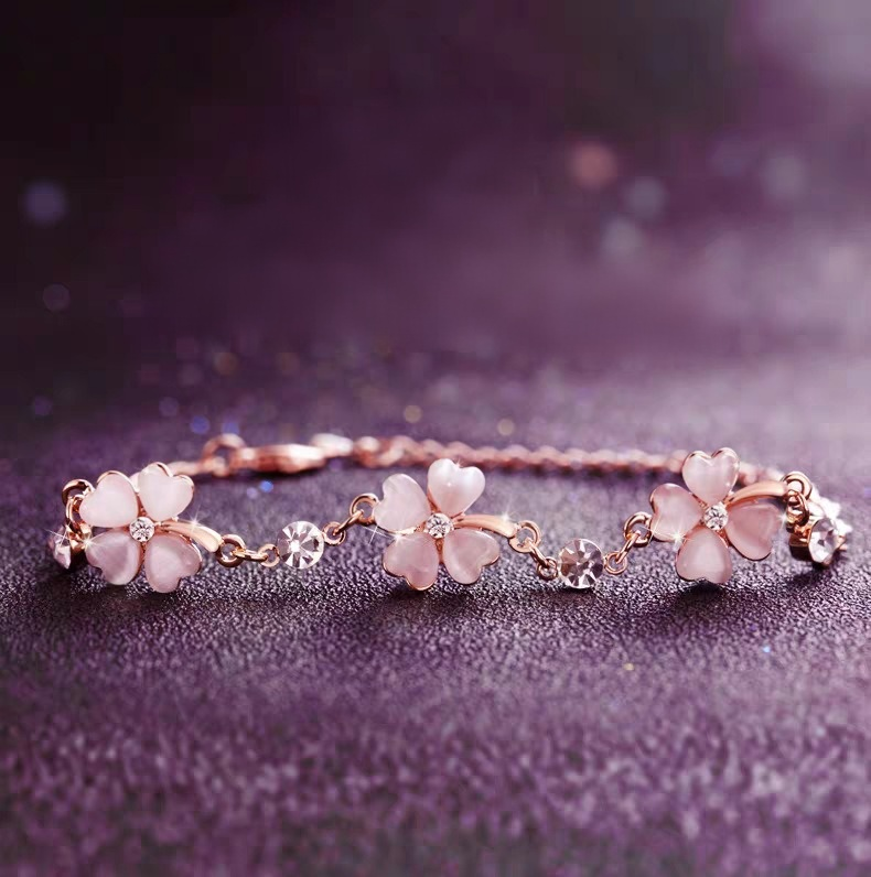 18K Rose Gold Plated Pink Enamel Four Leaf Clover Bracelet