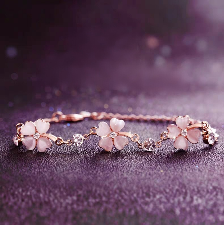 18K Rose Gold Plated Pink Enamel Four Leaf Clover Bracelet
