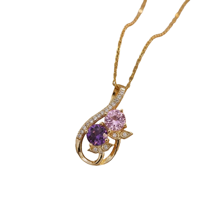14K Gold Plated / S925 Sterling Silver Gradient Purple-Pink Zircon Flower Leaf Necklace