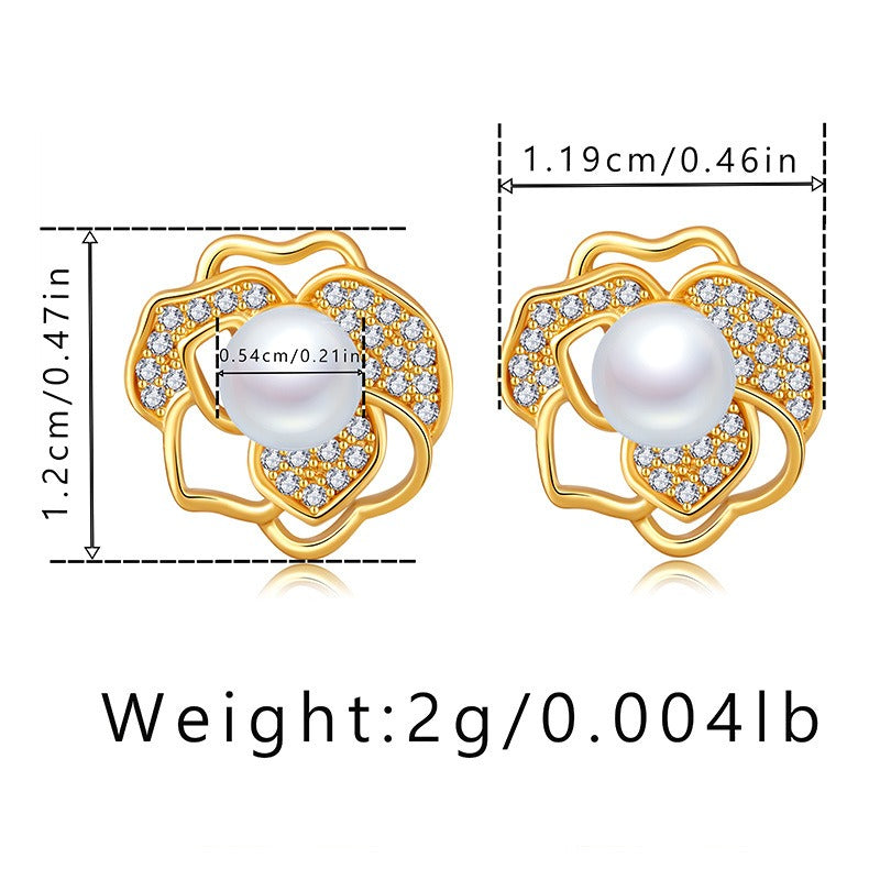 18K Gold Plated Pearl Flower Stud Earrings