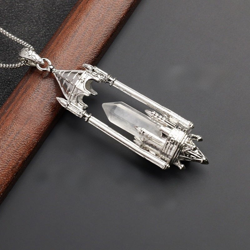 Gothic Boundary Guardian Natural Crystal Point Castle Pendant Necklace