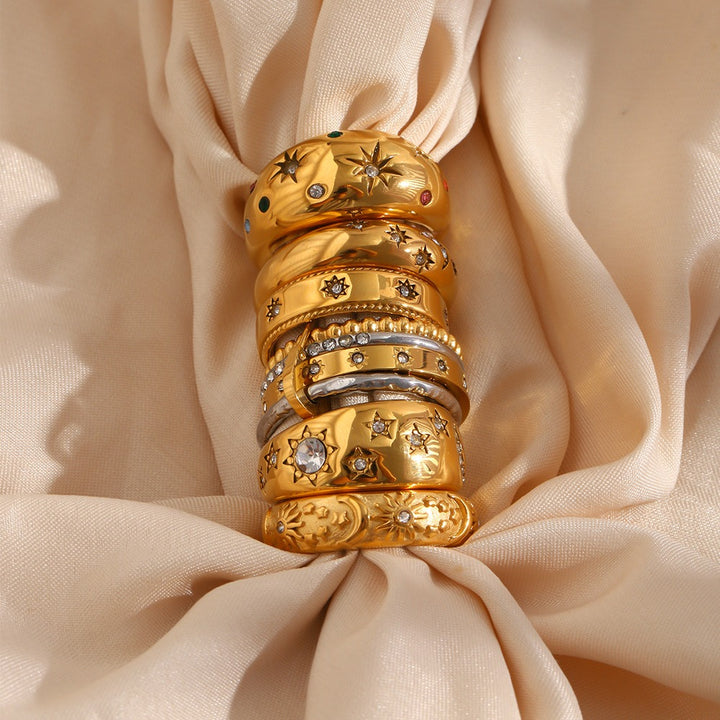 18K Gold Plated Star & Moon Safety Pin Carved Unisex Ring Series