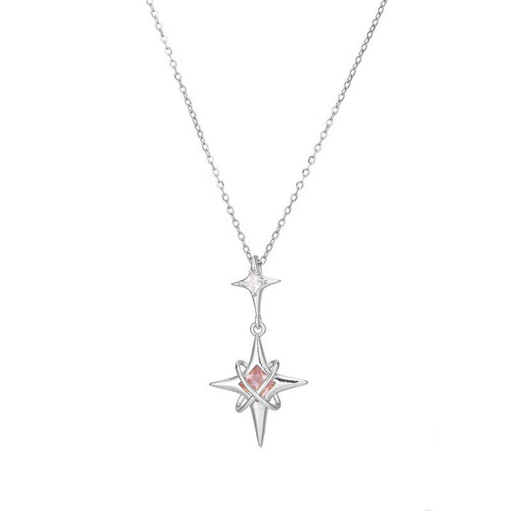 S925 Sterling Silver Double Star Pink Crystal Necklace
