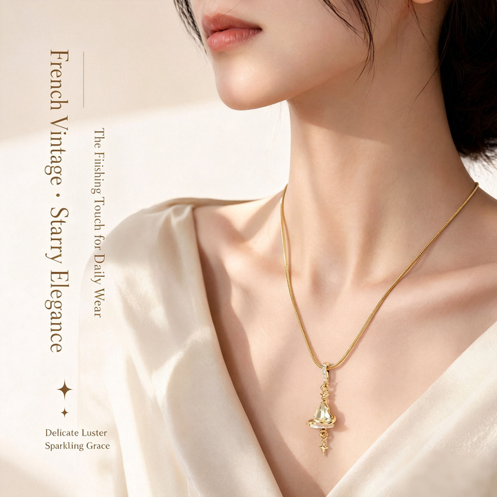 Flowing Starlight 14K Gold Plated Iridescent Crystal Spiral Star Necklace