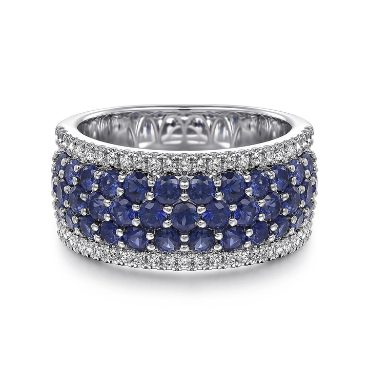 S925 Sterling Silver Wide Pavé Sapphire & Clear Crystal Band Ring