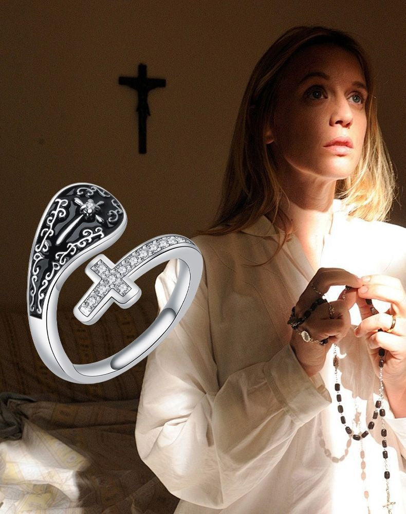Divine Shield S925 Silver Black Onyx Cross Open Ring