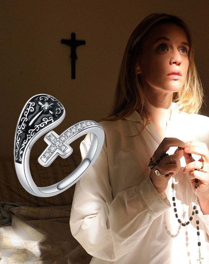 Divine Shield S925 Silver Black Onyx Cross Open Ring