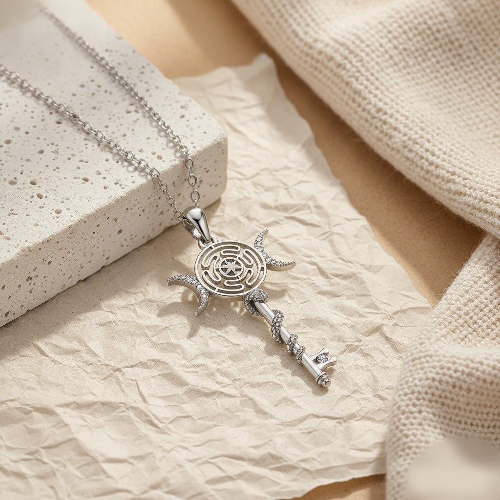 Hekate Magic Key S925 Sterling Silver Moon Labyrinth Snake Key Necklace Timeless Witchy Ward Mystic Power