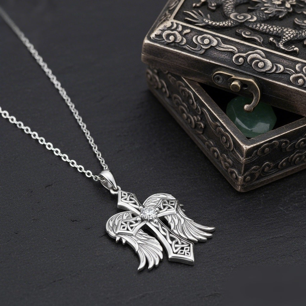 Angel Wings S925 Sterling Silver Celtic Cross Necklace