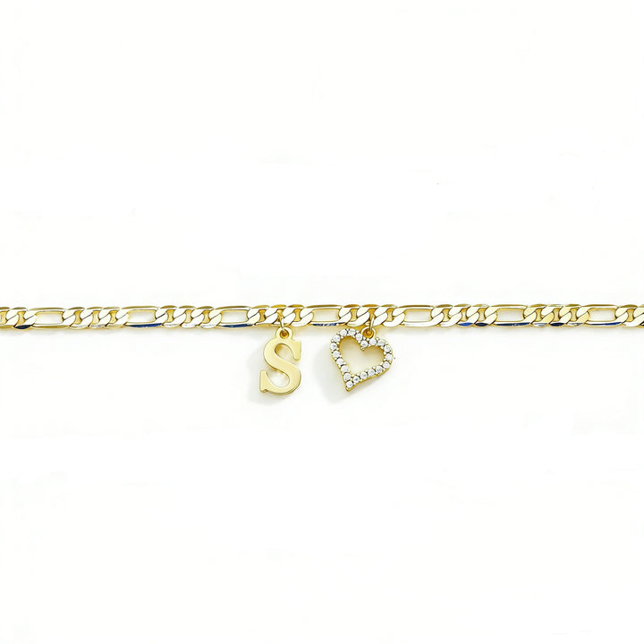 Personalized Initial 26-Letter Heart Pave Figaro Chain Gold Anklet