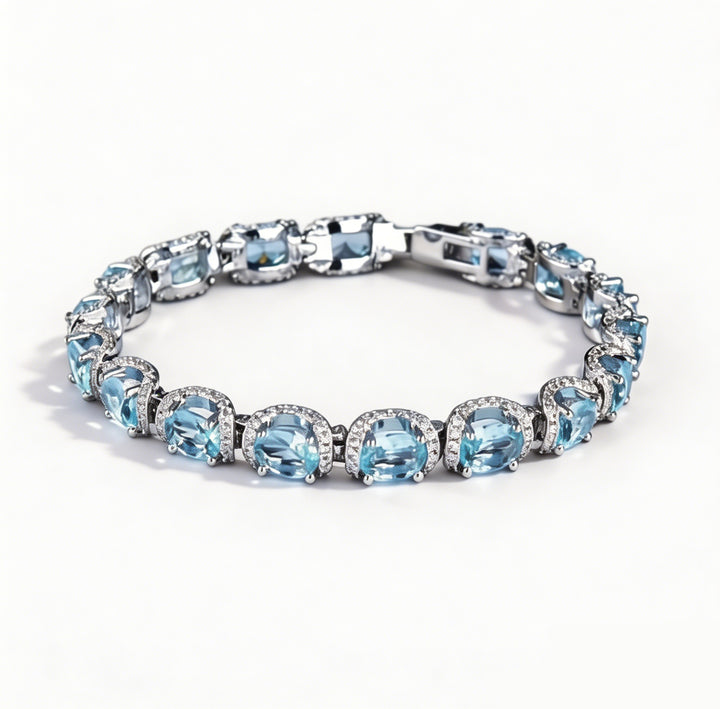 Ocean Blue Elegance 18K White Gold Aquamarine Halo Diamond Bracelet