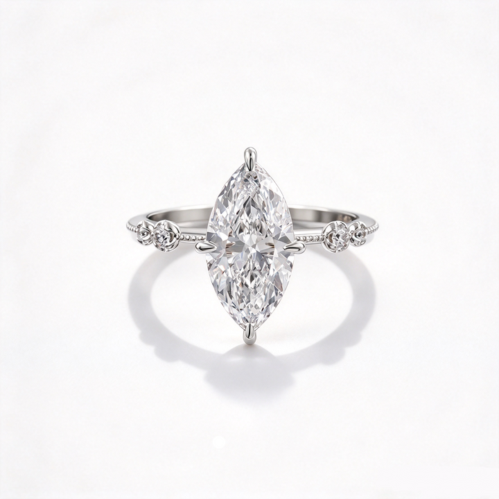 S925 Silver Marquise Cut Ring | Vintage Milgrain Accent Band