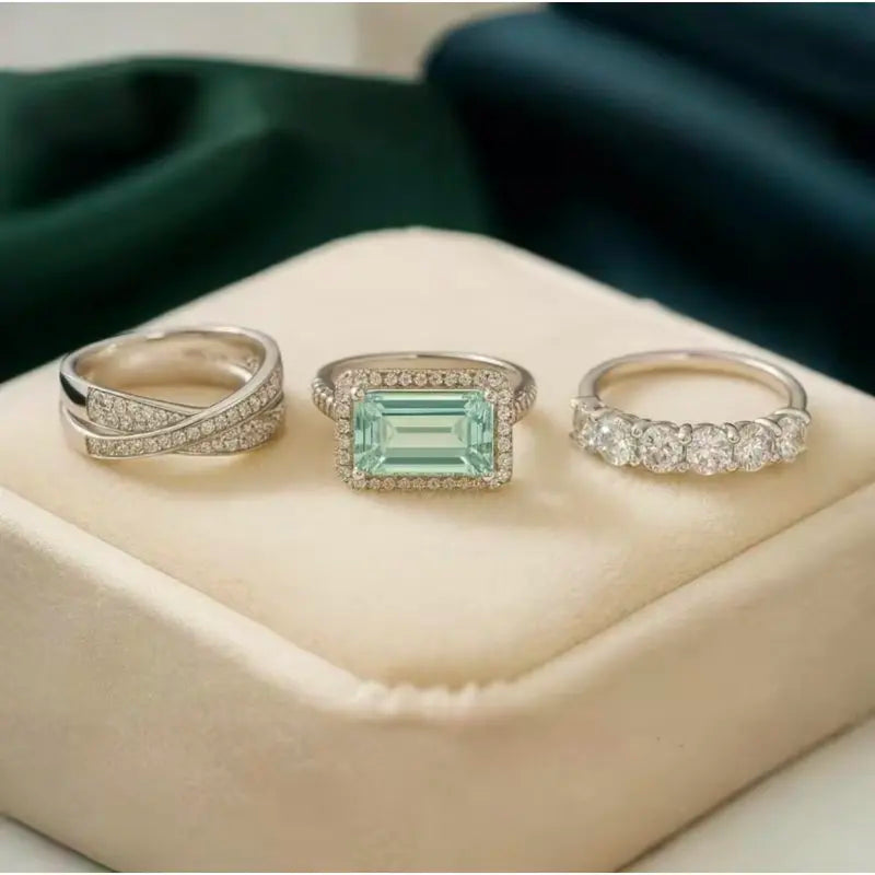 S925 Sterling Silver Vintage Rectangular Stone 3-Piece Ring Set Luxe Stacking Pavé Band Set