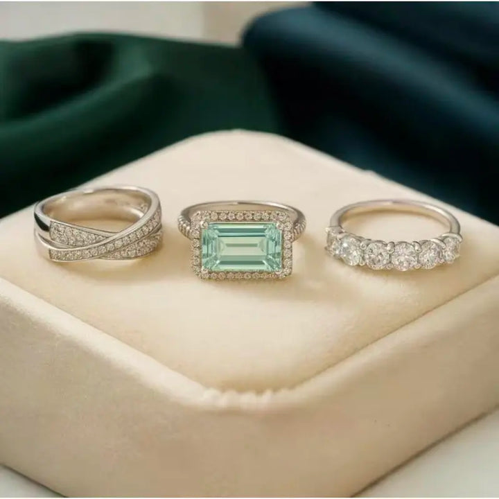 S925 Sterling Silver Vintage Rectangular Stone 3-Piece Ring Set Luxe Stacking Pavé Band Set