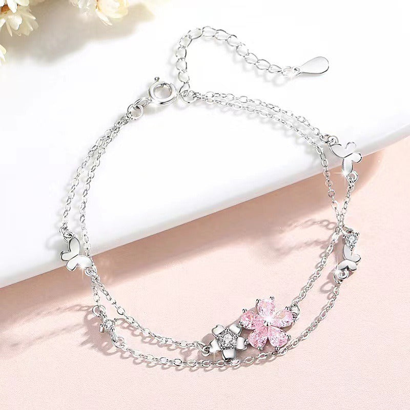 Cherry Blossom & Butterfly Dance 925 Sterling Silver Double Layer Bracelet