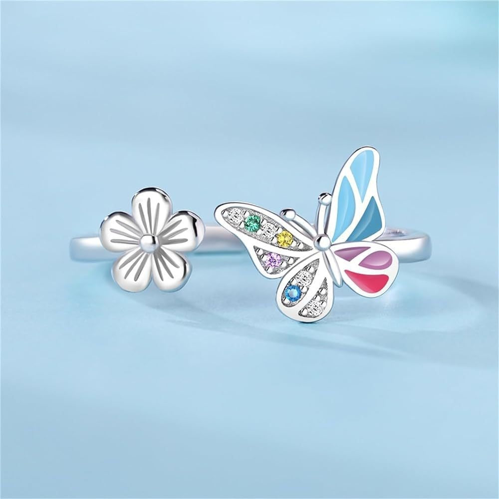 S925 Sterling Silver Enamel Butterfly Flower Open Ring