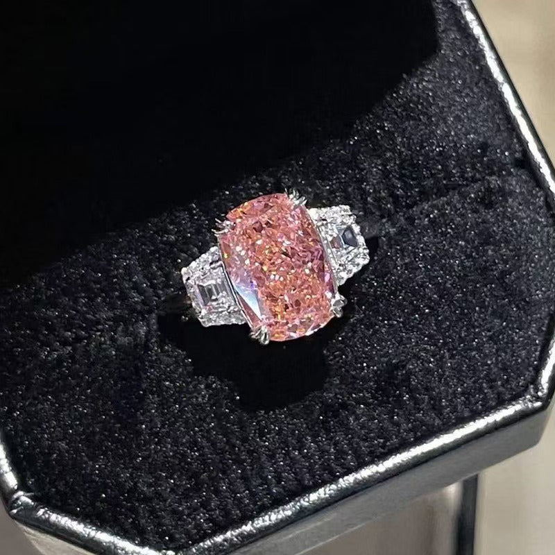 Sterling Silver Radiant Cut Padparadscha Pink Three-Stone Ring