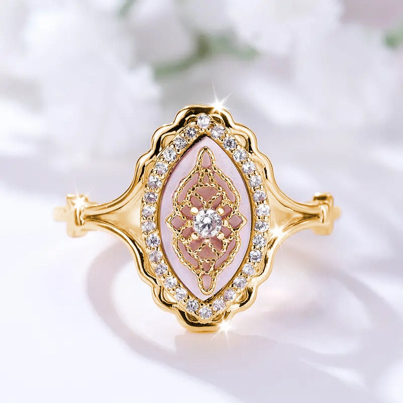 Vintage Lattice S925 Silver Marquise Micro-Pavé Mother-of-Pearl Ring