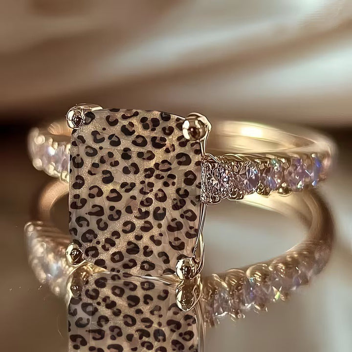 14K Gold Plated Leopard Print Gemstone Pavé Ring